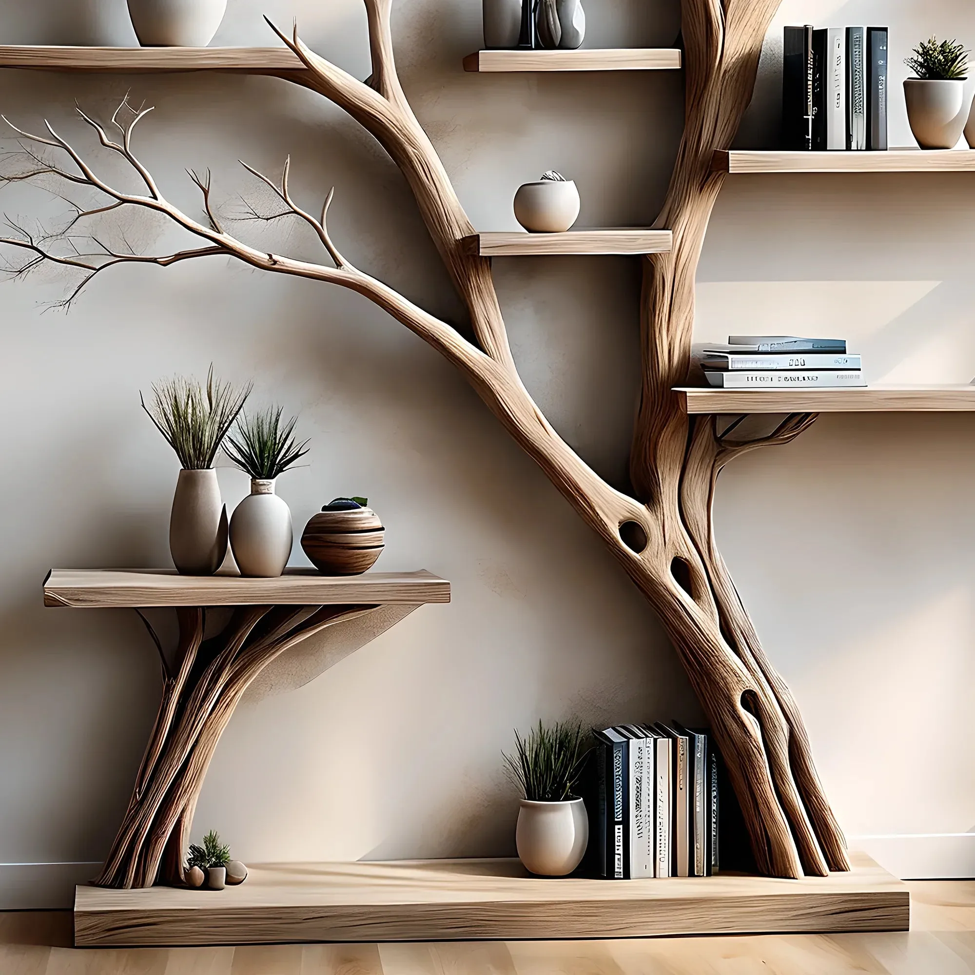 Branch Bookshelf with Side Table – Floating Display