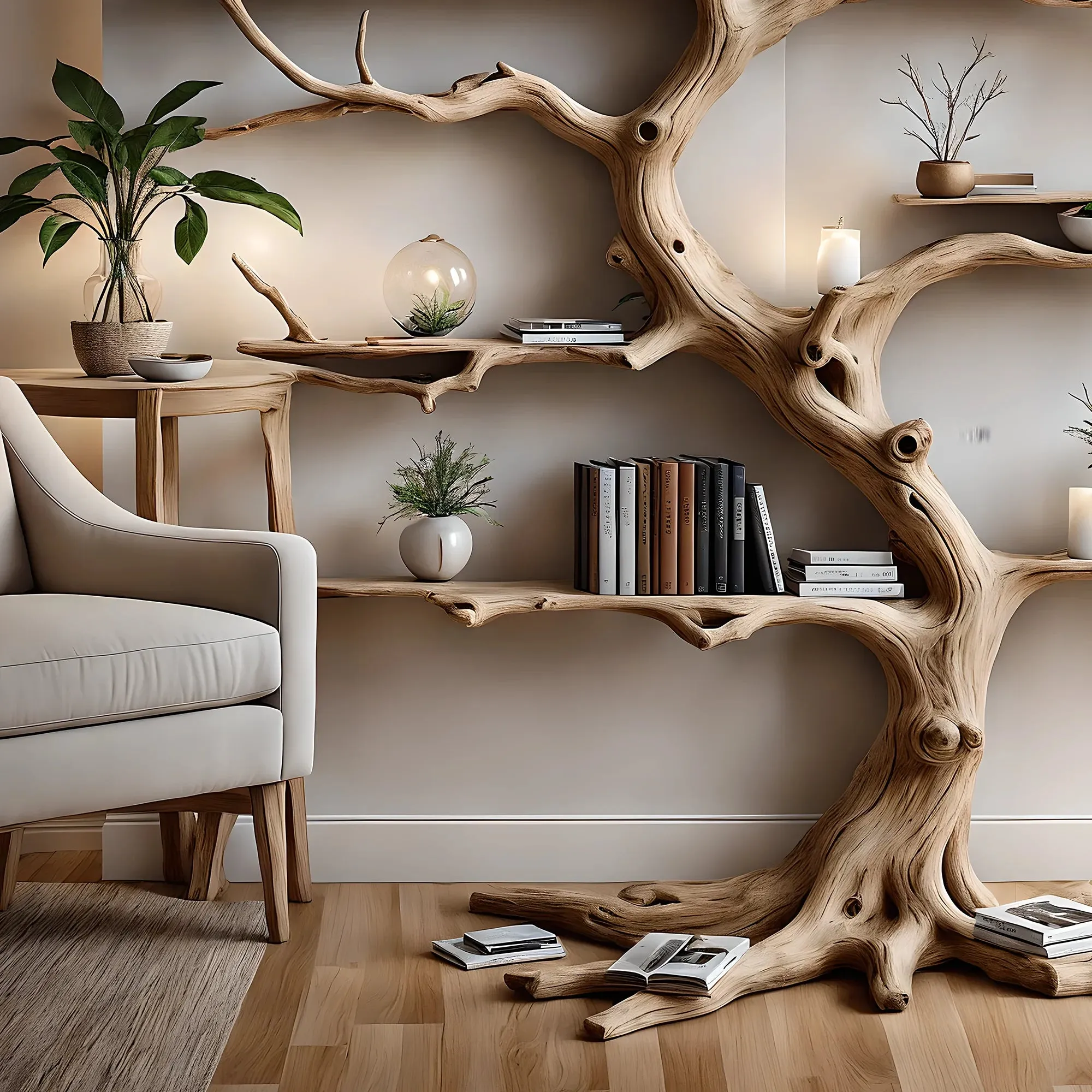 Driftwood Branch Bookshelf – Solid Wood Living Room Shelf