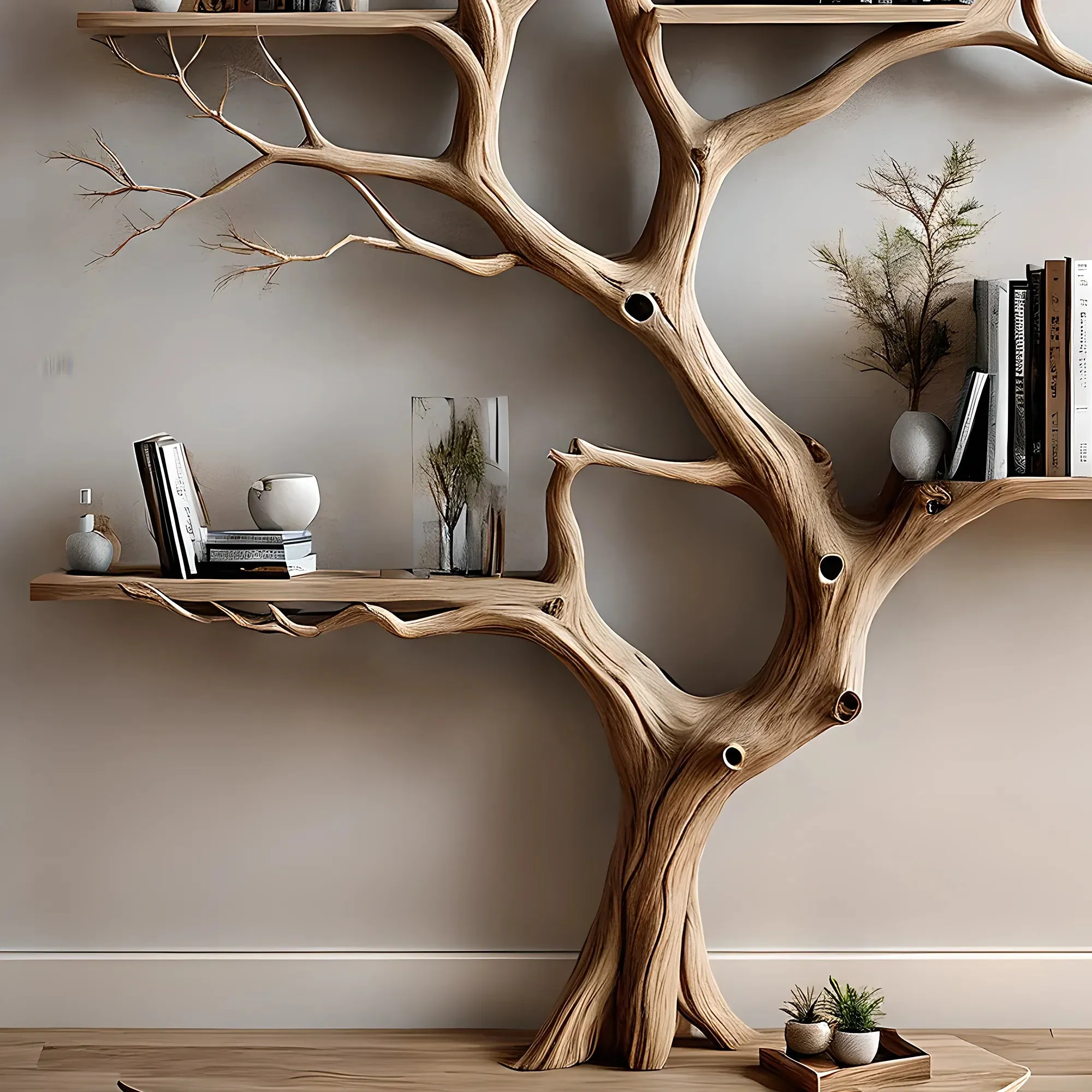 Branch Wall-Mounted Bookshelf – Solid Wood Living Room Shelf